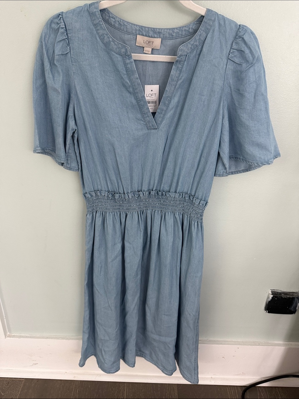 LOFT Light Chambray Blue Smocked Waist Mini Dress